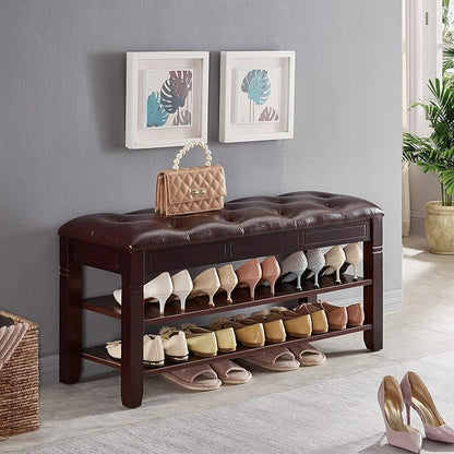 Shoe Storage Bench, Entryway Shoe Rack with Fiberleather Seat 2-Tier Lift Top Organizer Wooden Shoe Bench for Entryway Hallway Living Room (Dark Brown 39.4x13.8x18.9'')