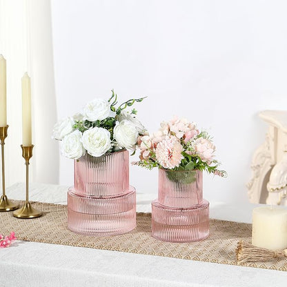 Ribbed Glass Vases for Bouquet, Set of 2 Pink Vases for Flowers, Pink Glass Vase for Tulips, Modern Vase for Living Room, Office, Coffe Table, Dining Table, Shelf, Wedding