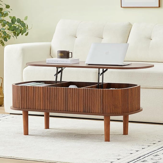 Fully Assembled Fluted Lift Top Coffee Table with Hidden Compartment, Wooden Center Table, Modern Oval Lift Tabletop for Home Living Room Office, Walnut