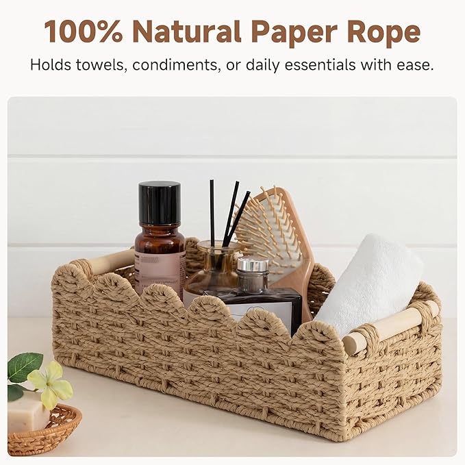 StorageWorks Toilet Paper Storage Basket, Living Room Organizers and Storage, Toilet Paper Basket with Wooden Handles, Small Paper Rope Scalloped Basket, Brown