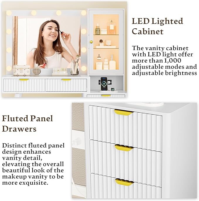 Vanity Desk with Mirror and Lights, 45" Fluted Makeup Vanity Desk with Lights &5 Drawers, Glass Top Vanitys with Lighted Mirror and RGB Cabinet, Dressing Table with Power Outlet for Bedroom, White