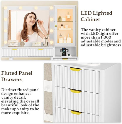 Vanity Desk with Mirror and Lights, 45" Fluted Makeup Vanity Desk with Lights &5 Drawers, Glass Top Vanitys with Lighted Mirror and RGB Cabinet, Dressing Table with Power Outlet for Bedroom, White