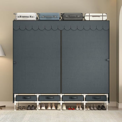 Large Portable Wardrobe with 4 Hanging Rods and Drawers, Armoire, Metal Storage Wardrobe Hangers, Upgraded Grey Non-Woven Dust Cover for Handing Closet,Large Closets for Bedroom