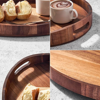 Acacia Wood Serving Tray with Handles - Round Decorative Ottoman Tray for Coffee Table, Breakfast in Bed, Living Room, Kitchen Counter, Candle Display, Tea Party, Lunch, Dinner, Bathroom & Home Decor