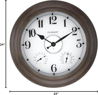 CLXEAST 24 Inch LED Illuminated Outdoor Clocks Waterproof with Thermometer & Hygrometer, Large Lighted Metal Wall Clock with Smart Night Light Sensor,Grey Oak Finish,House Warming Gifts New Home