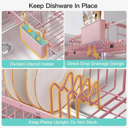 JASIWAY Pink Expandable Stainless Steel Dish Drying Rack Over The Sink for Small Kitchen, Counter Space Saving Compact Plate Drainer Strainer, Adjustable Hanging Metal Dish Dryer with Utensil Holder