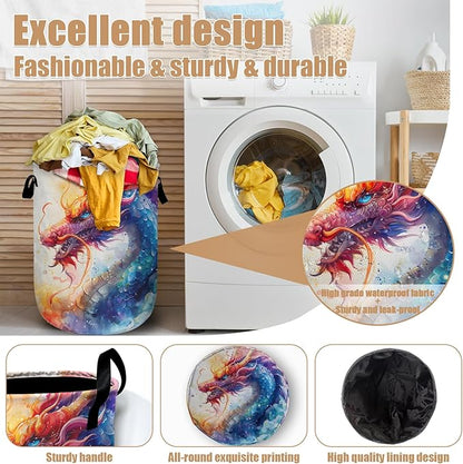 Colorful Dragon Laundry Basket, Foldable Waterproof Laundry Hamper Tote Bag Dirty Clothes Storage Bucket Toy Organizer for Bathroom/Laundry/Bedroom 15.7"x19.6"