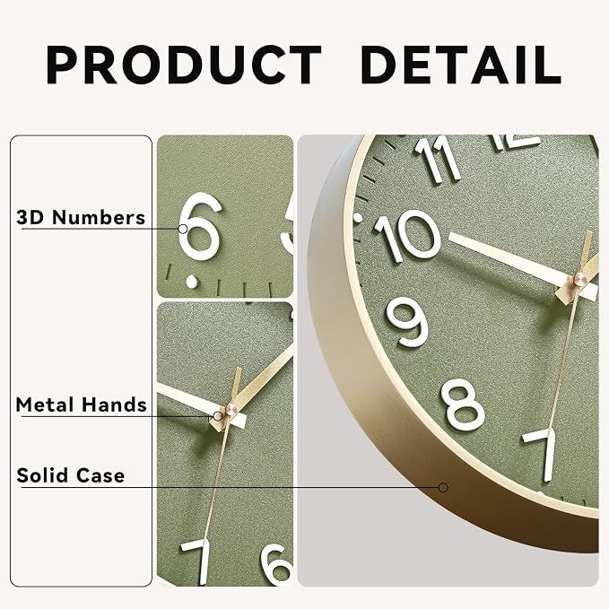 Roymnie Wall Clock Green, 10 Inch Silent Wall Clocks Battery Operated-Modern Non Ticking Analog Clock Decorative for Kitchen Bedroom Office Bathroom(Gold)