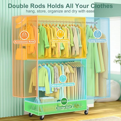 100% Stainless Steel Heavy Duty Rolling Clothes Rack with Double Rods for Hanging Clothes, Adjustable & Extendable Metal Clothing Rack, Garment Rack With Wheels Shelf, Sturdy Freestanding Closet Rack