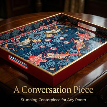 Decorative Tray, Marbling Plastic Tray with Handles, Rectangular Vanity Tray and Serving Tray for Bathroom, Kitchen, Ottoman and Coffee Table (Blue Flower Bird, 15.7 x 11.8 Inch)