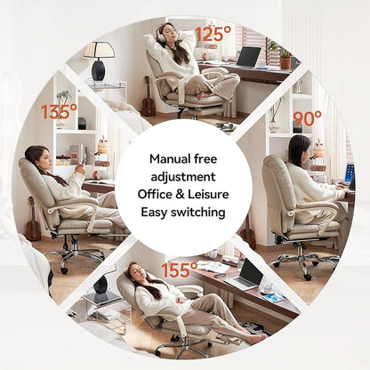 EMIAH Office Chair with Foot Rest Criss Cross Chair with Wheels Ergonomic Reclining Executive Office Chair Mid Back Genuine Leather Swivel Computer Chairs Lumbar Support for Home Office (Beige)