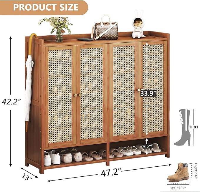 Bamboo Shoe Cabinet, 8-Tier Shoe Storage Cabinet with Doors, Freestanding Bamboo Shoe Rack Organizer with Shelves for Entryway, Hallway, Closet, Living Room