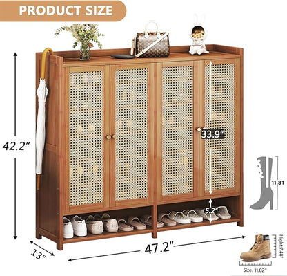 Bamboo Shoe Cabinet, 8-Tier Shoe Storage Cabinet with Doors, Freestanding Bamboo Shoe Rack Organizer with Shelves for Entryway, Hallway, Closet, Living Room