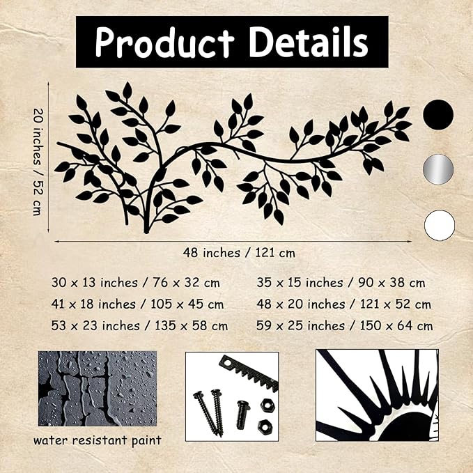 yumcake Metal Tree Leaf Wall Decor, Metal Tree Wall Art, Vine Olive Branch Leaf, Leafy Ivy, Leaves Hanging Wall Art, Branch Wall Decor for Living Room (Silver, 48 x 20 inches / 121 x 52 cm)