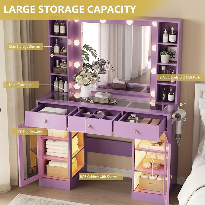 Makeup Vanity Desk with Mirror and Lights, Glass Top Vanity Table Set with Drawers & Power Outlet, Large Dressing Table with 3 Color Lighting Modes & RGB Cabinets for Women Girls Kids Bedroom, Purple