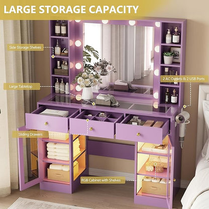 Makeup Vanity Desk with Mirror and Lights, Glass Top Vanity Table Set with Drawers & Power Outlet, Large Dressing Table with 3 Color Lighting Modes & RGB Cabinets for Women Girls Kids Bedroom, Purple