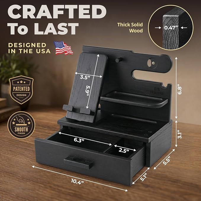 TESLYAR Wood Phone Docking Station with Drawer - Nightstand Organizer - Desk Organizer for Husband - Birthday Gifts for Men, Dad, Anniversary Idea, Key Holder Stand Watch & Accessories (Granite Black)