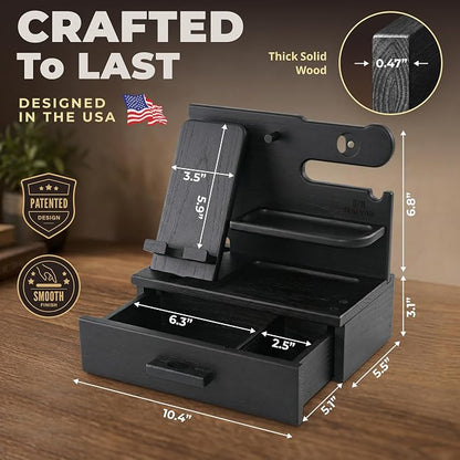 TESLYAR Wood Phone Docking Station with Drawer - Nightstand Organizer - Desk Organizer for Husband - Birthday Gifts for Men, Dad, Anniversary Idea, Key Holder Stand Watch & Accessories (Granite Black)