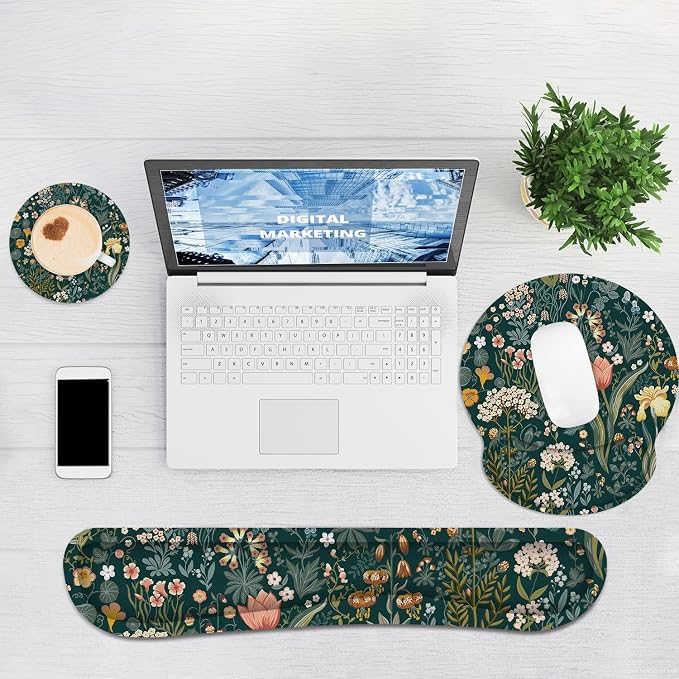 Ergonomic Mouse Pad with Wrist Rest and Keyboard Wrist Rest, Mousepad and Wrist Rest for Computer Keyboard, Pain Relief, Non-Slip Rubber Base, Mouse Pad Wrist Support for Gaming, Green Flowers