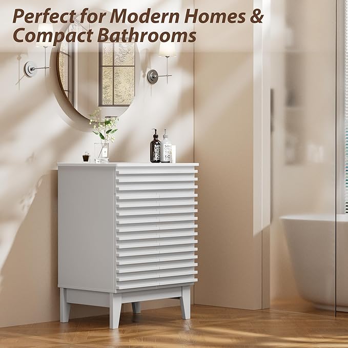 APRILSOUL 24" Bathroom Vanity with Ceramic Sink, Mid-Century Bathroom Vanity Cabinet with 2 Soft Closing Doors, Freestanding Bathroom Cabinet, Particleboard Frame with Wood Grain Laminate, White