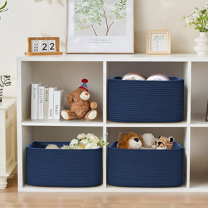 4 Pack Large Storage Basket for Organizing, 17.5"x13.5"x7.5" Woven Basket for Shelves, Closet Cube Storage Bins with Wrapped Handle, Cotton Rope Baskets for Kitchen, Clothes, Toys(Navy Blue)