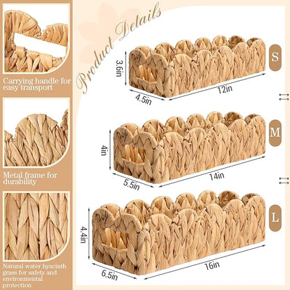 3 Pack Water Hyacinth Toilet Paper Basket for Organizing Scalloped Edge Wicker Basket with Handles Toilet Tank Paper Holder Storage for Bathroom Bedroom Countertop Shelf Decor(Natural Color)