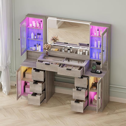 Fluted Makeup Vanity Desk with Mirror and Lights, 55" Glass Top Vanity with 8 Drawers & 4 RGB Glass Cabinets, Adjustable Shelves & Power Outlet, Modern Dressing Table Set for Women Girls Bedroom