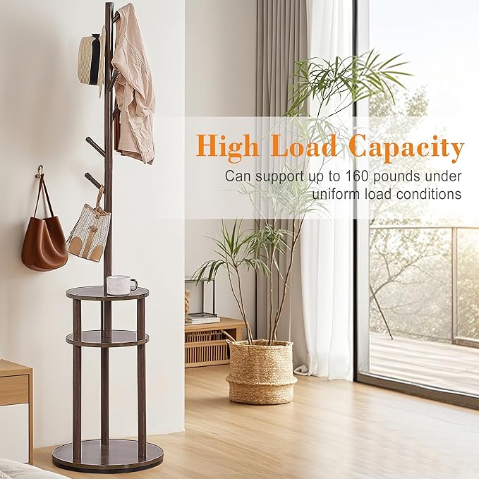 VECELO Coat Rack Freestanding, Entryway Hanger Stand, Umbrella Holder, Hall Tree With Hooks, Floor Standing Tree Stand,Walnut