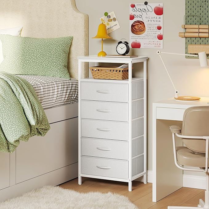 Huuger White Dresser with 5 Drawers & Charging Station, Tall Dresser for Bedroom, Tall Night Stand with PU Leather Finish, Open Shelf, Nightstand for Bedroom, Closet, Hallway, Entryway