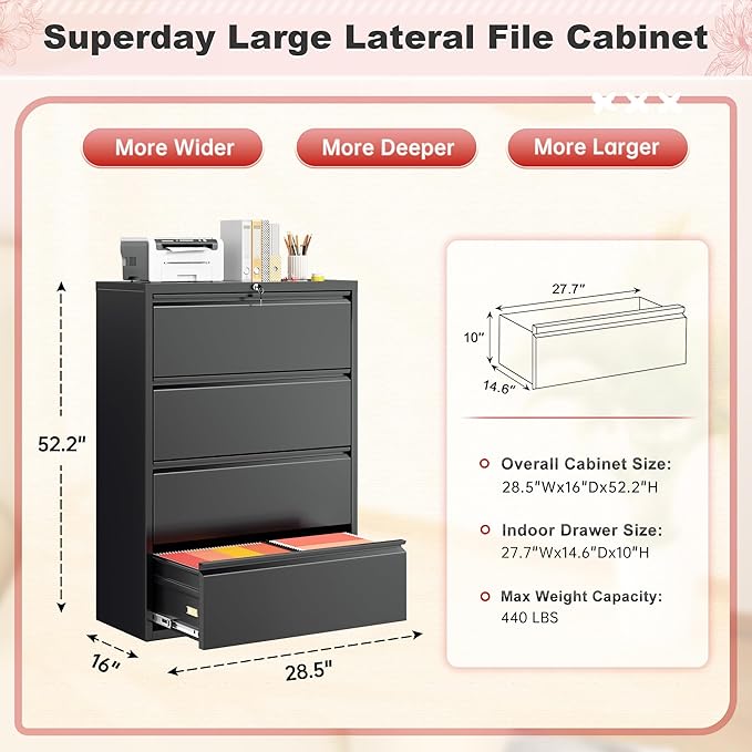 Superday Lateral File Cabinet 4 Drawer Metal File Cabinet with Lock, Black Filing Cabinets for Home Office, Locking Filing Cabinets Hanging Files Letter/Legal/F4/A4