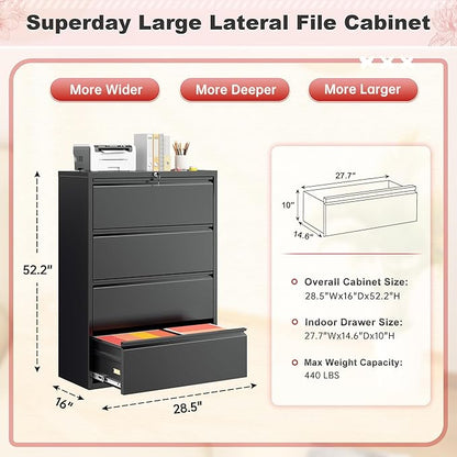 Superday Lateral File Cabinet 4 Drawer Metal File Cabinet with Lock, Black Filing Cabinets for Home Office, Locking Filing Cabinets Hanging Files Letter/Legal/F4/A4