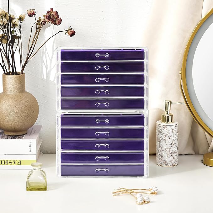 ProCase Earring Holder Organizer Jewelry Box with 10 Drawers, Acrylic Clear Earring Case with Adjustable Velvet Trays for Women - Purple,10 Layers