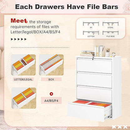 Superday Lateral File Cabinet 4 Drawer Metal File Cabinet with Lock, White Filing Cabinets for Home Office, Locking Filing Cabinets Hanging Files Letter/Legal/F4/A4