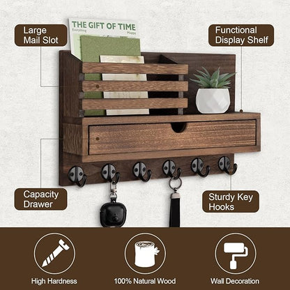 Key Holder Wall Mount, Mail Holder with Storage Drawer and 6 Key Hooks for Coat, Dog Leash, Home Decor Rack, House Accessories, Entry Way Organizer