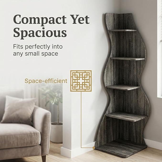 Arvolia 70 Inch Corner Shelf Stylish Design,Modern 5-Tier Wall Corner Bookshelf,Stylish Corner Small Bookcase Storage Rack Plant Stand with Unique Shape for Home Office (Gray)