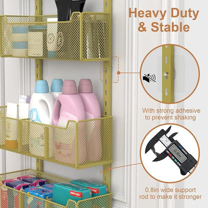VyGrow Over The Door Organizer, Metal Door Organizer Hanging with 5 Adjustable Baskets and Coat Hook, Behind The Door Storage for Bedroom Closet Bathroom Pantry Cabinet Kitchen, Gold