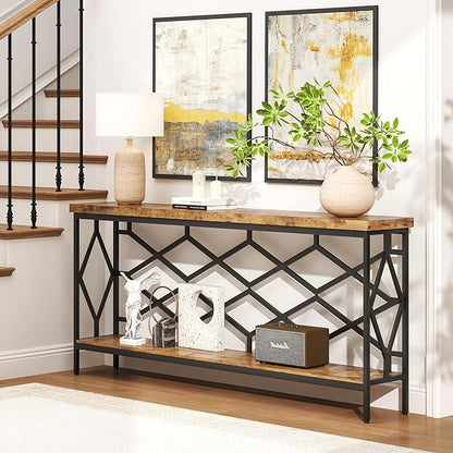 karlott 71" Extra Long Entryway Table, Narrow Console Table, Industrial Sofa Behind Couch Table with Open Storage Shelf, Hallway Table for Entryway, Living Room, Foyer, Entrance, Unique Design, Brown
