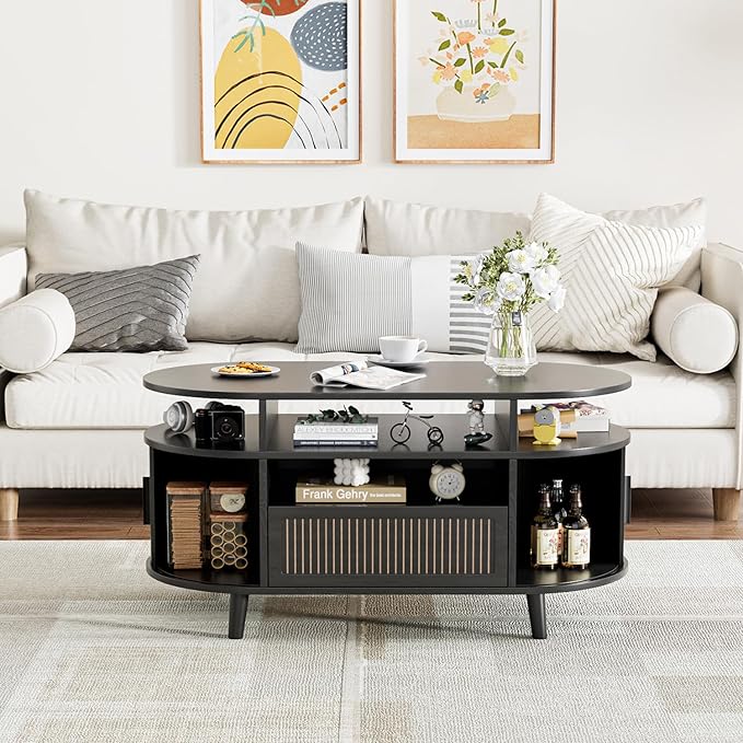 39" Fluted Coffee Table, Coffee Tables with Storage, Oval Coffee Table for Living Room, Center Table with Tambour Doors, Black Coffee Tables for Apartment, Office