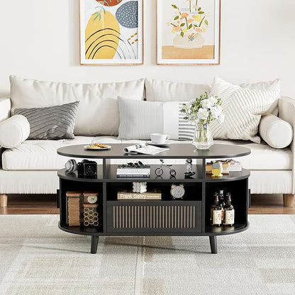 39" Fluted Coffee Table, Coffee Tables with Storage, Oval Coffee Table for Living Room, Center Table with Tambour Doors, Black Coffee Tables for Apartment, Office