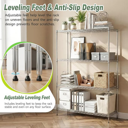 BestOffice 4-Tier Wire Shelving Unit, 1000 LBS Heavy Duty Metal Storage Shelves, Adjustable Wire Shelf for Garage, Kitchen, Pantry, Utility Shelving Rack with Leveling Feet, Chrome