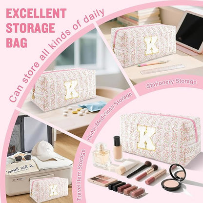 Personalized Quilted Cosmetic Bag, Puffy Monogrammed Christmas Birthday Gifts for Women & Girls, Cute initial Floral Makeup Bag Puffer Coquette Bag, Aesthetic Travel Toiletry Zipper Pouch(Pink,K)