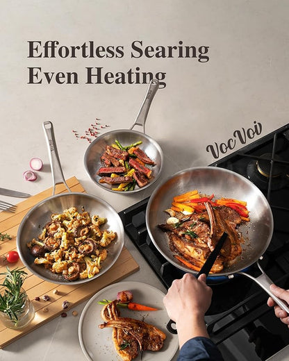 Tri-Ply Stainless Steel Frying Pans Set,PFOA&PTFE Free Skillets,Chef's Pan Set(8+10+12inch) Frying Pans for cooking,Induction Cookware Sets,Dishwasher and Oven Safe