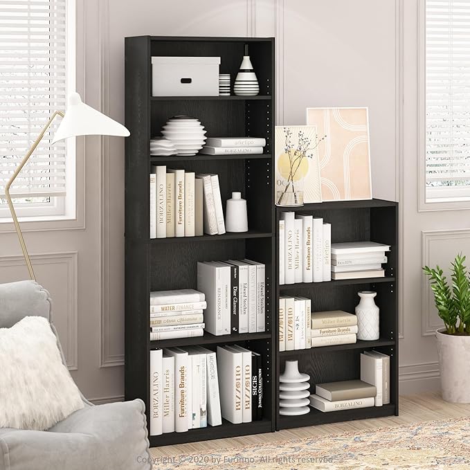 Furinno Jaya Book Shelf, 3-Tier Bookshelf, Bookcase with Adjustable Shelves, 9.5 x 24.5 x 40.3, for Living Room, Bedroom, Home Office, Blackwood