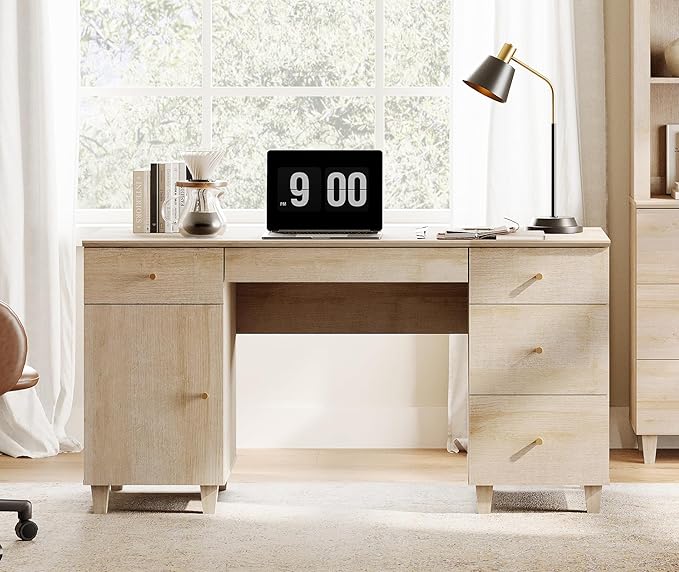 WAMPAT Executive Desk with Drawers & Storage Cabinet, 58 Inch Modern Wooden Office Desk with Charging Station & Keyboard Tray, Home Office Large Computer Desk, Work & Study Writing Desk, Light Oak