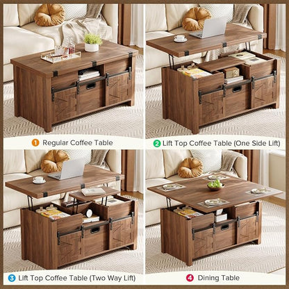 Memobarco 40" Farmhouse Lift Top Coffee Table with Sliding Barn Door,4 in 1 Multi-Function Coffee Tables with Storage Drawers & Hidden Compartment,Converts to Dining Table for Living Room,Walnut