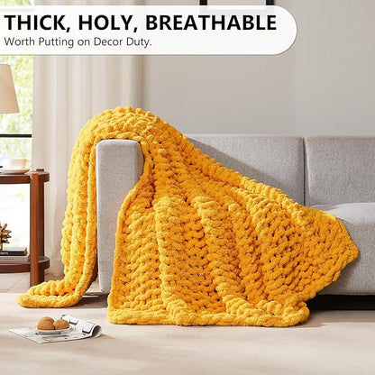 L'AGRATY Chunky Knit Blanket Throw: 80''x90'' Chenille Chunky Knitted Throw Blankets for Bed Couch - Handmade Thick Big Cable Knit Blanket - Large Crochet Rope Blankets for Home Decor(Yellow)