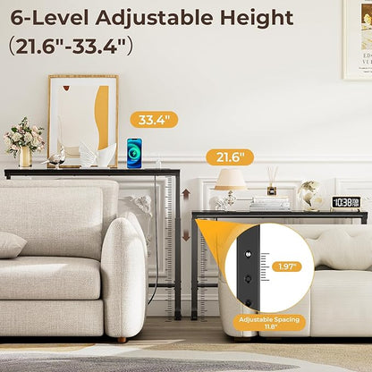 Dicasser 2 Pack Narrow Console Sofa Table with Adjustable Height (22"-33") & 2 Power Outlets, Skinny Behind Couch Table for Living Room Entryway Hallway, 79" L x 7" W x 33" H (Black)