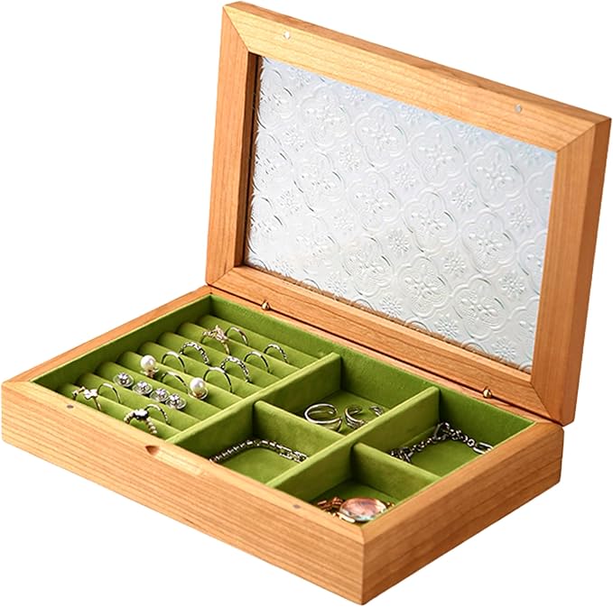 Wooden Jewelry Box for Women, Medium Size Natural Solid Cherry Wood Vintage Trinket Organizer with Large Storage, Ring Compartments, Built in Necklace Hooks, Glass Lid, ek06-m-cherry
