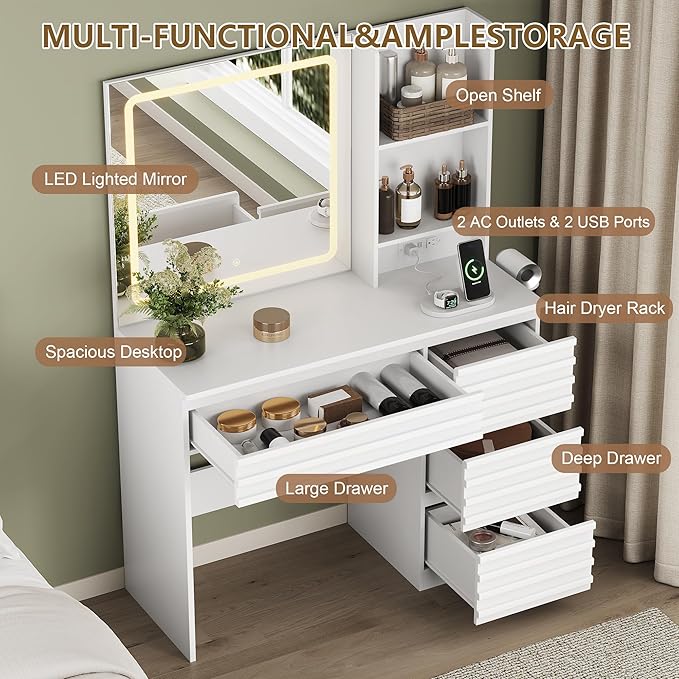 Makeup Vanity Desk with Lights, Fluted Vanity with 4 Drawers, Open Shelves, Power Outlet, LED Lighted Mirror, 3 Lighting Modes & Brightness Adjustable, Wood Dressing Table for Bedroom, White