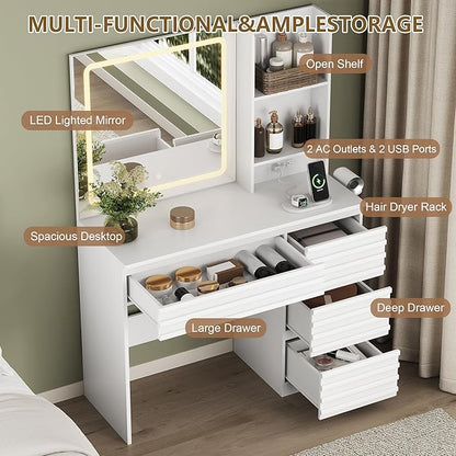 Makeup Vanity Desk with Lights, Fluted Vanity with 4 Drawers, Open Shelves, Power Outlet, LED Lighted Mirror, 3 Lighting Modes & Brightness Adjustable, Wood Dressing Table for Bedroom, White